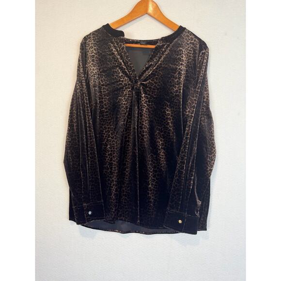 Investments II Velvet Leopard Blouse Burnout Top Long Sleeves Black Brown Sz 1X - Picture 3 of 8